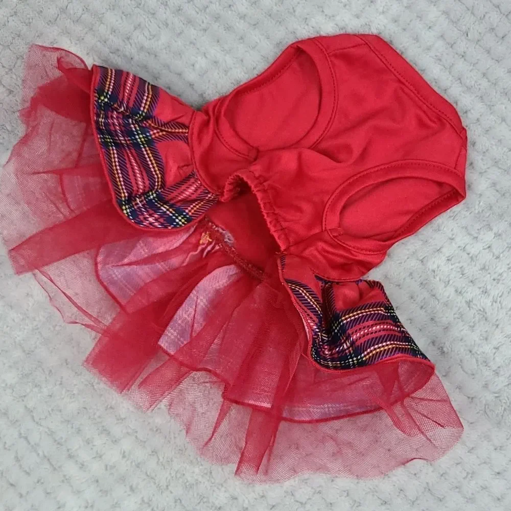 Pet Costume | Christmas Tree Tutu Dog Dress Red Plaid Glitter Bow Rhinestone XS